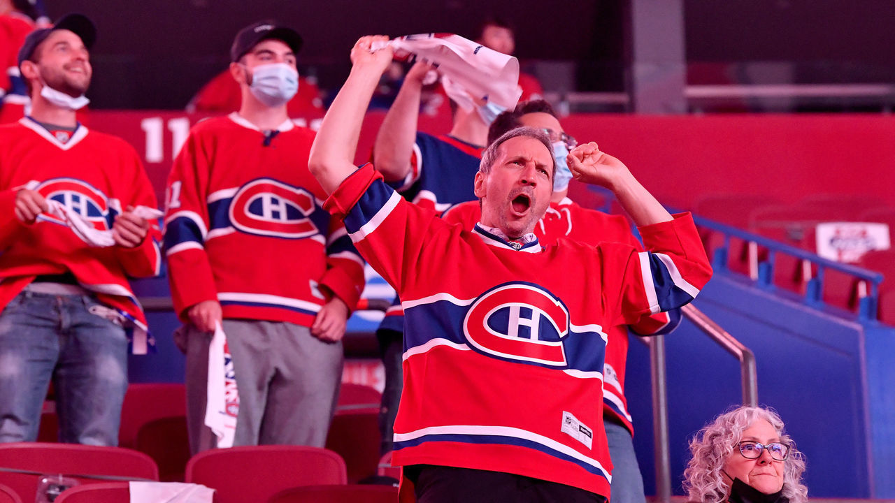 MONTREAL, QUEBEC - JUNE 24: Montreal Canadiens fans cheer prior to Game Six of the Stanley Cup Semifinals against the Vegas Golden Knights in the 2021 Stanley Cup Playoffs at Bell Centre on June 24, 2021 in Montreal, Quebec.