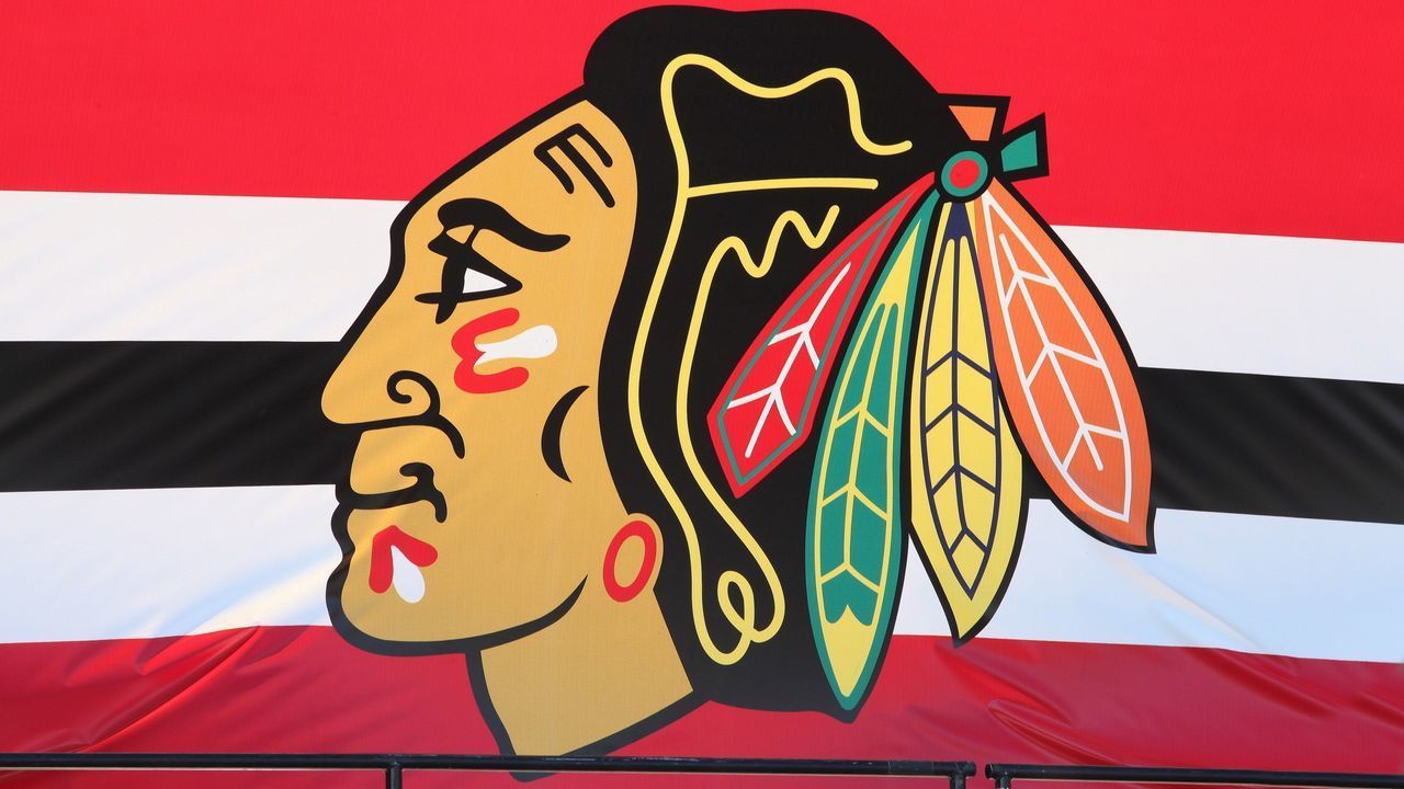 CHICAGO - JUNE 28: Chicago Blackhawks Logo, at the Chicago Blackhawks' 2013 Stanley Cup Championship rally at Hutchinson Field in Grant Park in Chicago, Illinois on JUNE 28, 2013.