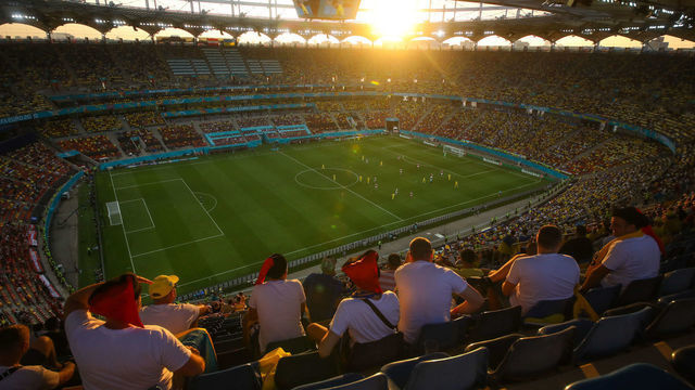 BUCHAREST, ROMANIA - JUNE 21: View of the Arena Nationala stadium at sunset during the UEFA Euro 2020 Championship Group C match between Ukraine and Austria at National Arena on June 21, 2021 in Bucharest, Romania.