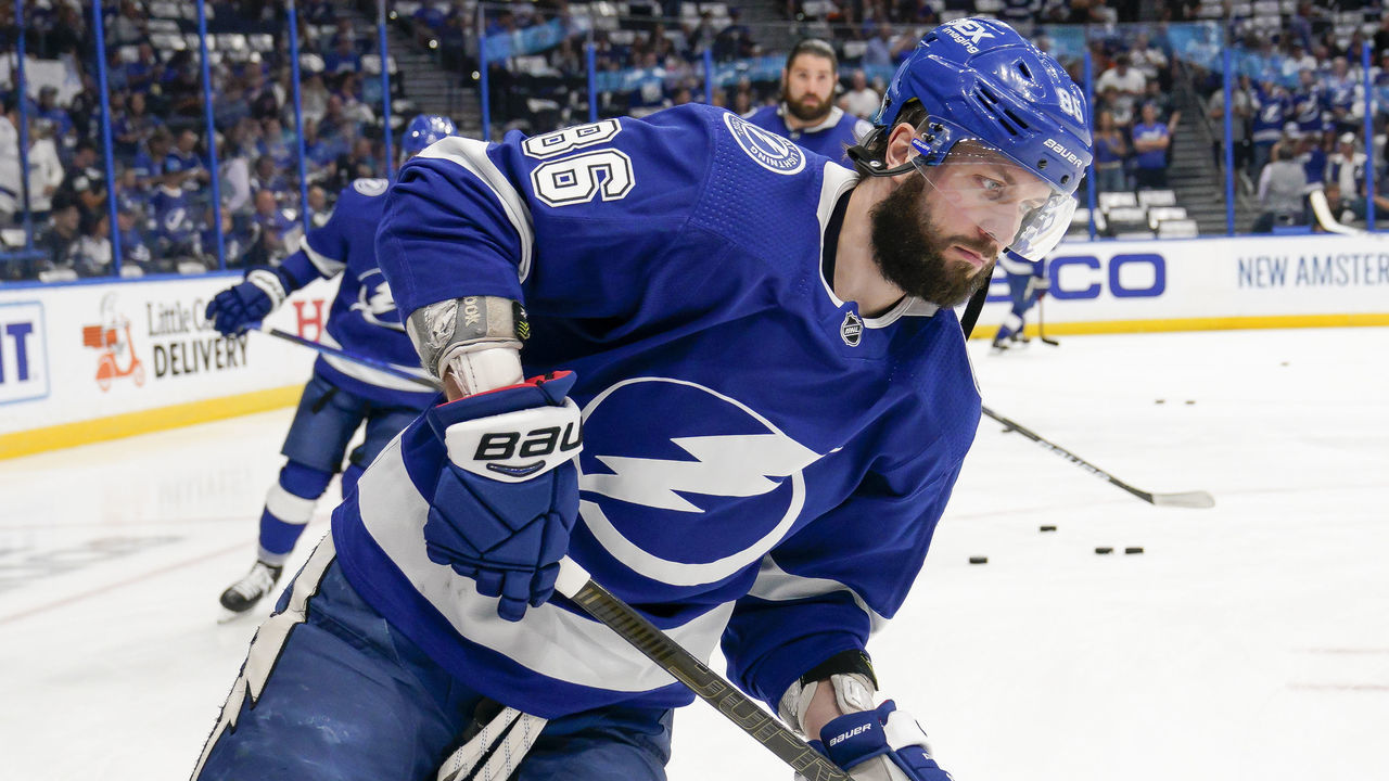 TAMPA, FL - JUNE 21: Tampa Bay Lightning right wing Nikita Kucherov (86) during warm ups game 5 of NHL Stanley Cup 3rd round Hockey match between the Tampa Bay Lightning and New York Islanders on June 21, 2021 at Amalie Arena in Tampa, FL.