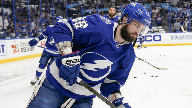 TAMPA, FL - JUNE 21: Tampa Bay Lightning right wing Nikita Kucherov (86) during warm ups game 5 of NHL Stanley Cup 3rd round Hockey match between the Tampa Bay Lightning and New York Islanders on June 21, 2021 at Amalie Arena in Tampa, FL.