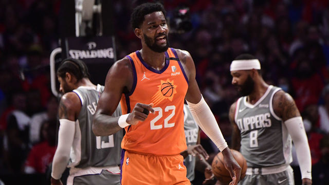 LOS ANGELES, CA - JUNE 26: Deandre Ayton #22 of the Phoenix Suns celebrates during Game 4 of the Western Conference Finals of the 2021 NBA Playoffs on June 26, 2021 at STAPLES Center in Los Angeles, California. NOTE TO USER: User expressly acknowledges and agrees that, by downloading and/or using this Photograph, user is consenting to the terms and conditions of the Getty Images License Agreement. Mandatory Copyright Notice: Copyright 2021 NBAE