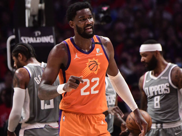LOS ANGELES, CA - JUNE 26: Deandre Ayton #22 of the Phoenix Suns celebrates during Game 4 of the Western Conference Finals of the 2021 NBA Playoffs on June 26, 2021 at STAPLES Center in Los Angeles, California. NOTE TO USER: User expressly acknowledges and agrees that, by downloading and/or using this Photograph, user is consenting to the terms and conditions of the Getty Images License Agreement. Mandatory Copyright Notice: Copyright 2021 NBAE