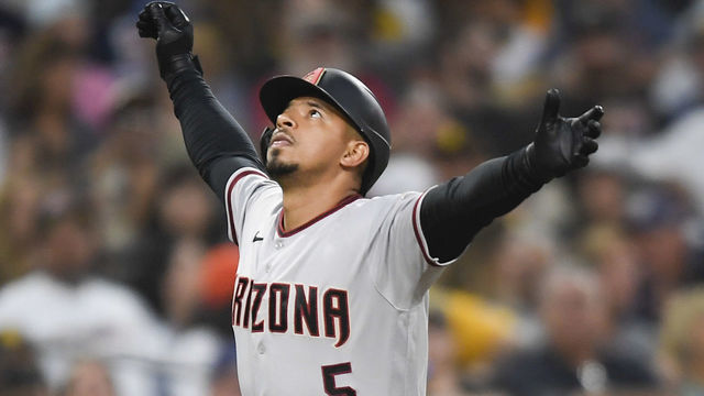 SAN DIEGO, CA - JUNE 26: Eduardo Escobar #5 of the Arizona Diamondbacks celebrates after hitting a two-run home during the third inning of a baseball game against the San Diego Padres at Petco Park on June 26, 2021 in San Diego, California.