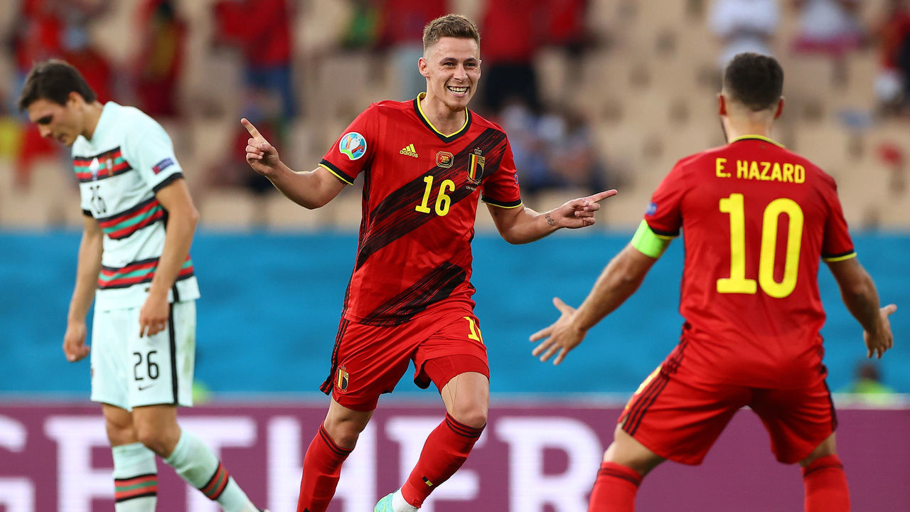 SEVILLE, SPAIN - JUNE 27: Thorgan Hazard of Belgium celebrates after scoring their side's first goal during the UEFA Euro 2020 Championship Round of 16 match between Belgium and Portugal at Estadio La Cartuja on June 27, 2021 in Seville, Spain.