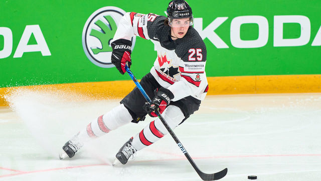 RIGA, LATVIA - JUNE 05: Owen Power #25 of Canada in action during the 2021 IIHF Ice Hockey World Championship Semi Final game between USA and Canada at Arena Riga on June 5, 2021 in Riga, Latvia. Canada defeated the United States 4-2.