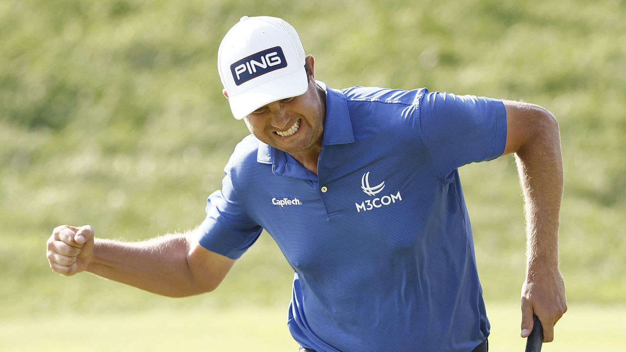 CROMWELL, CONNECTICUT - JUNE 27: Harris English of the United States reacts to his birdie putt on the 18th green during the final round of the Travelers Championship at TPC River Highlands on June 27, 2021 in Cromwell, Connecticut.