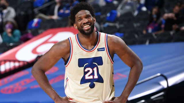 PHILADELPHIA, PA - APRIL 14: Joel Embiid #21 of the Philadelphia 76ers smiles during a game against the Brooklyn Nets on April 14, 2021 at Wells Fargo Center in Philadelphia, Pennsylvania. NOTE TO USER: User expressly acknowledges and agrees that, by downloading and/or using this Photograph, user is consenting to the terms and conditions of the Getty Images License Agreement. Mandatory Copyright Notice: Copyright 2021 NBAE