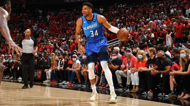 ATLANTA, GA - JUNE 27: Giannis Antetokounmpo #34 of the Milwaukee Bucks handles the ball against the Atlanta Hawks during Game 3 of the Eastern Conference Finals of the 2021 NBA Playoffs on June 27, 2021 at State Farm Arena in Atlanta, Georgia. NOTE TO USER: User expressly acknowledges and agrees that, by downloading and/or using this Photograph, user is consenting to the terms and conditions of the Getty Images License Agreement. Mandatory Copyright Notice: Copyright 2021 NBAE