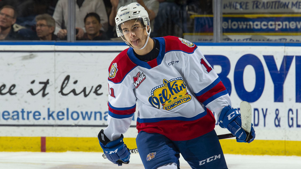 KELOWNA, BC - NOVEMBER 26: Dylan Guenther #11 of the Edmonton Oil Kings celebrates a shoot out goal against the Kelowna Rockets at Prospera Place on November 26, 2019 in Kelowna, Canada.