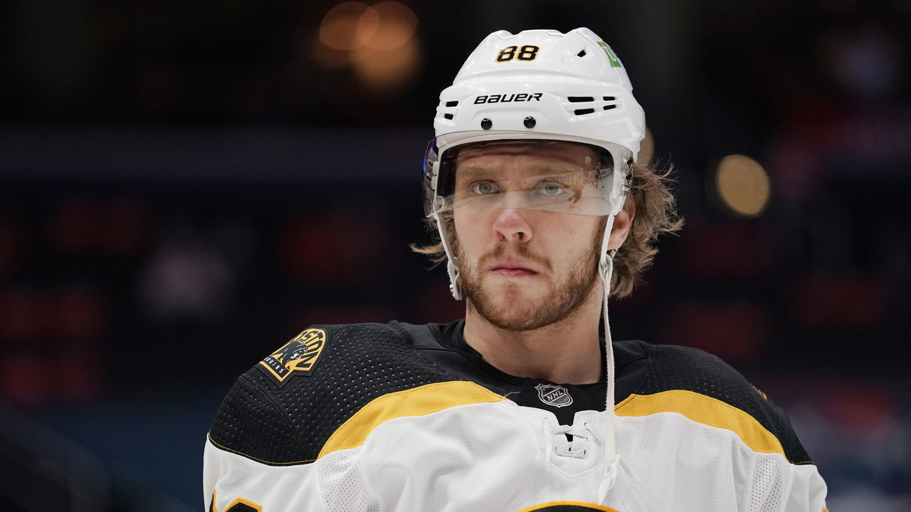 WASHINGTON, DC - MAY 17: David Pastrnak #88 of the Boston Bruins warms up before playing against the Washington Capitals in Game Two of the First Round of the 2021 Stanley Cup Playoffs at Capital One Arena on May 17, 2021 in Washington, DC.