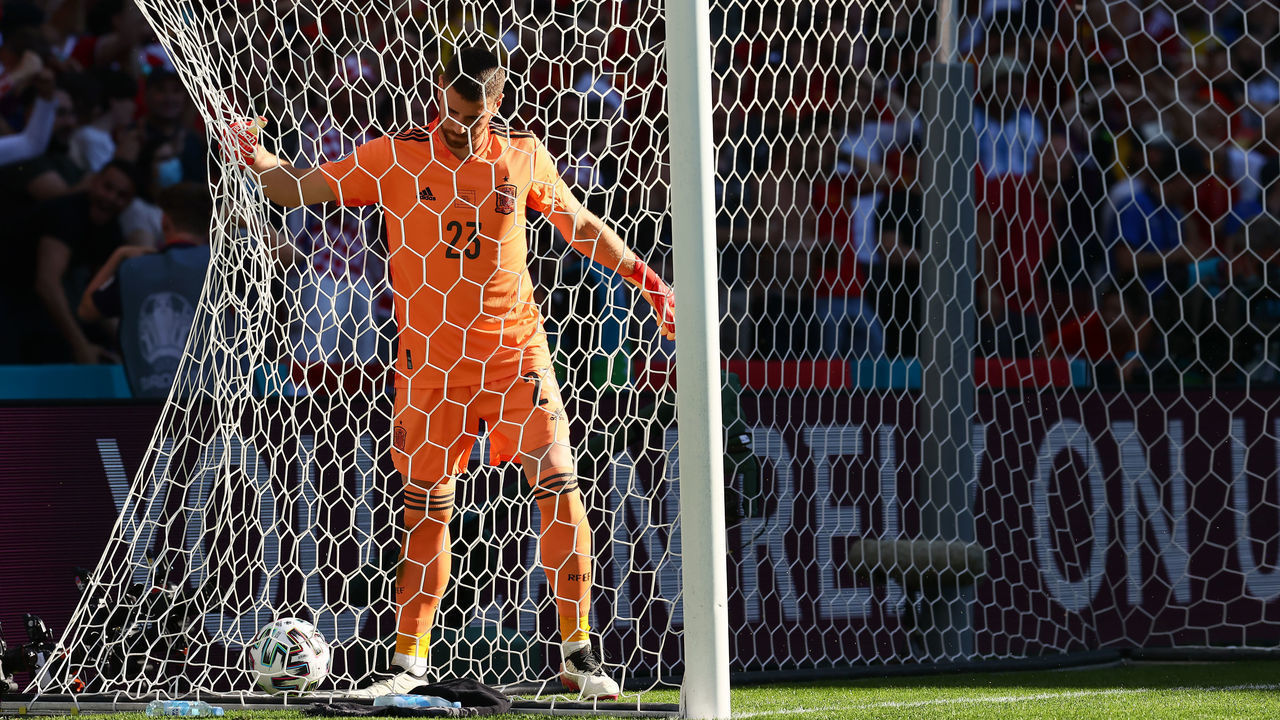 COPENHAGEN, DENMARK - JUNE 28: Unai Simon of Spain looks dejected after scoring an own goal for the Croatia first goal during the UEFA Euro 2020 Championship Round of 16 match between Croatia and Spain at Parken Stadium on June 28, 2021 in Copenhagen, Denmark.