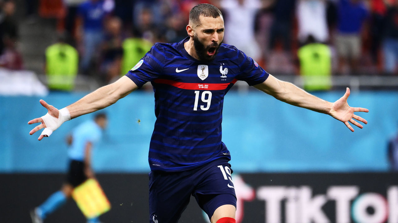 BUCHAREST, ROMANIA - JUNE 28: Karim Benzema of France celebrates after scoring their side's first goal during the UEFA Euro 2020 Championship Round of 16 match between France and Switzerland at National Arena on June 28, 2021 in Bucharest, Romania.