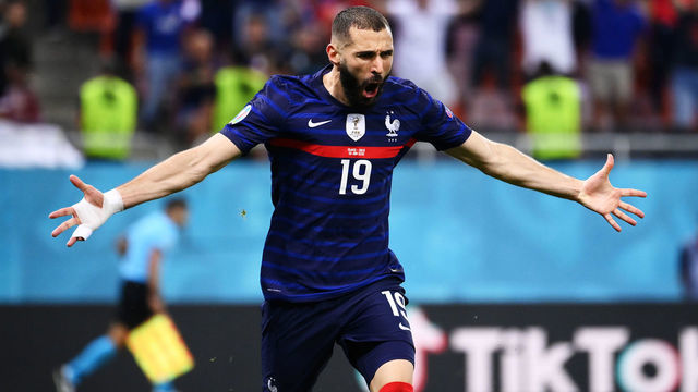 BUCHAREST, ROMANIA - JUNE 28: Karim Benzema of France celebrates after scoring their side's first goal during the UEFA Euro 2020 Championship Round of 16 match between France and Switzerland at National Arena on June 28, 2021 in Bucharest, Romania.