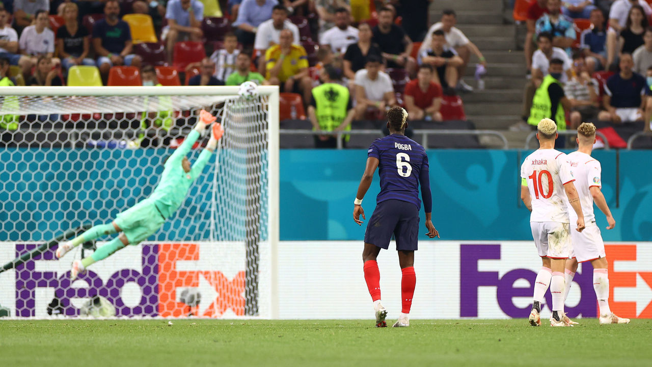 BUCHAREST, ROMANIA - JUNE 28: Paul Pogba of France scores their side's third goal past Yann Sommer of Switzerland during the UEFA Euro 2020 Championship Round of 16 match between France and Switzerland at National Arena on June 28, 2021 in Bucharest, Romania.