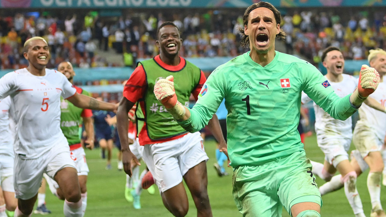 Switzerland's goalkeeper Yann Sommer reacts after saving a shot by France's forward Kylian Mbappe in the penalty shootout during the UEFA EURO 2020 round of 16 football match between France and Switzerland at the National Arena in Bucharest on June 28, 2021.