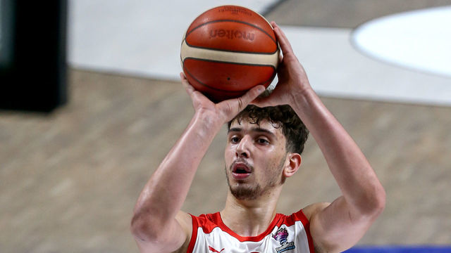 ISTANBUL, TURKEY - FEBRUARY 20: Alperen Sengun of Turkey shoots a free throw during FIBA EuroBasket 2022 Qualifiers Group D basketball match at Besiktas Akatlar Arena in Istanbul, Turkey on February 20, 2021.