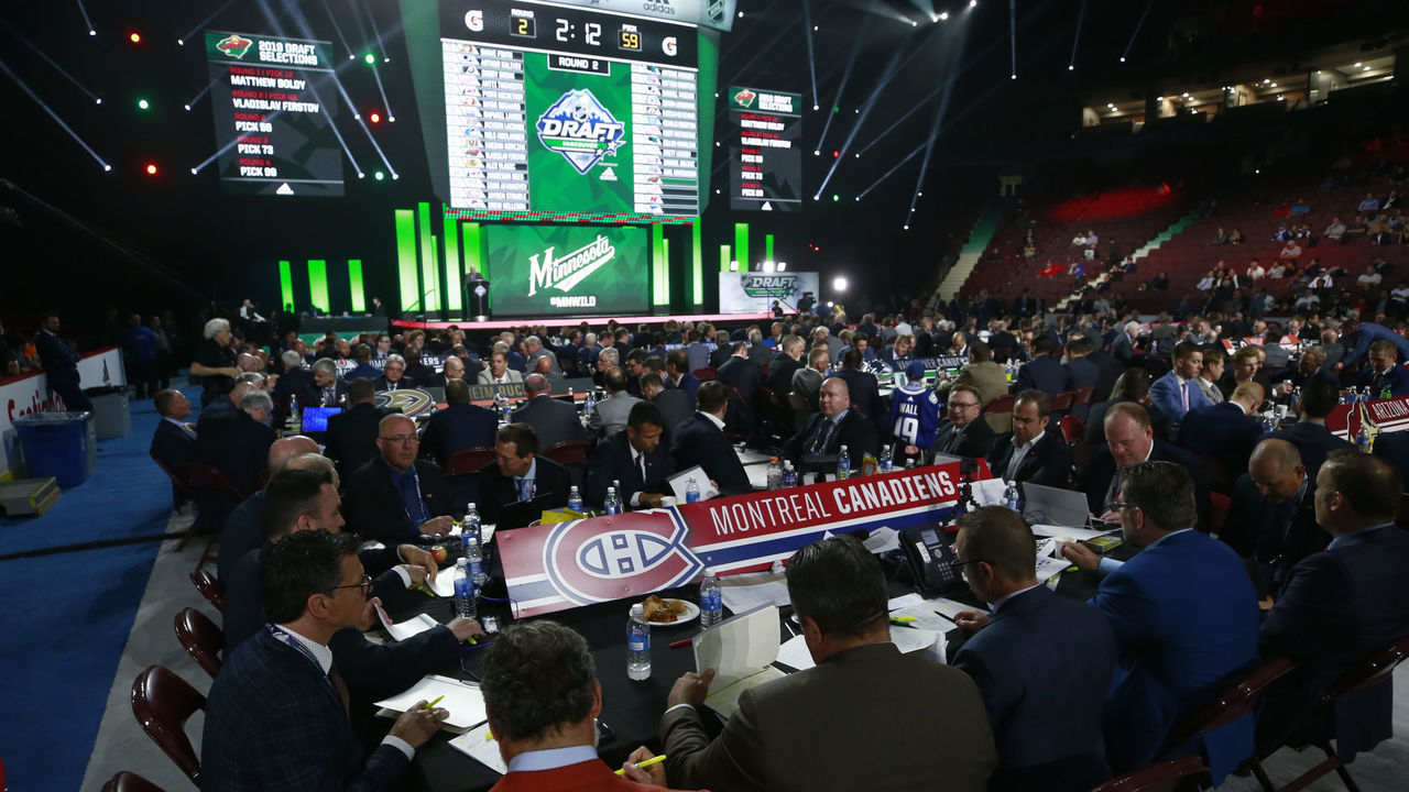 VANCOUVER, BRITISH COLUMBIA - JUNE 22: A general view of the Montreal Canadiens draft table is seen during Rounds 2-7 of the 2019 NHL Draft at Rogers Arena on June 22, 2019 in Vancouver, Canada.