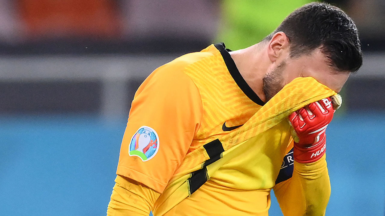 France's goalkeeper Hugo Lloris reacts after their defeat in the UEFA EURO 2020 round of 16 football match between France and Switzerland at the National Arena in Bucharest on June 28, 2021.