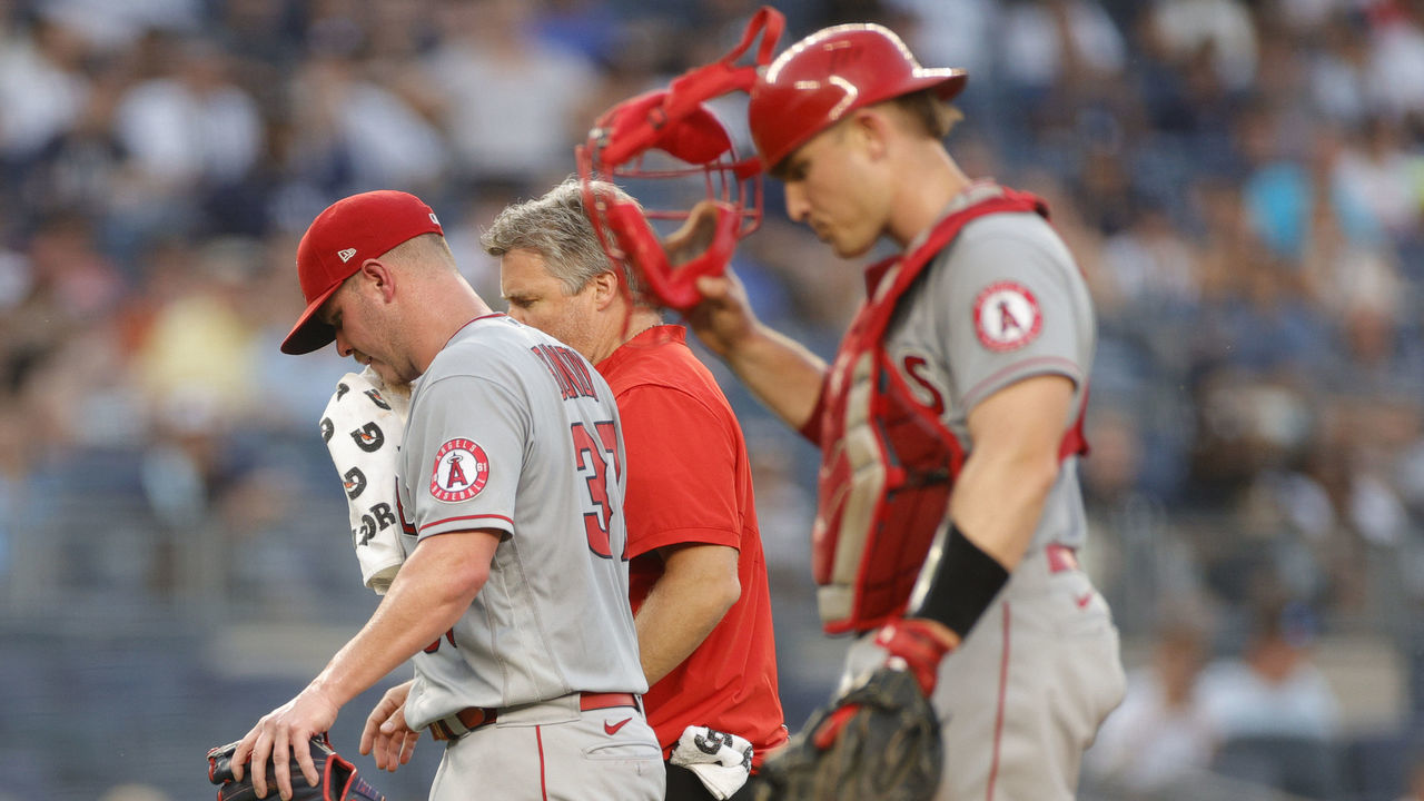 NEW YORK, NEW YORK - JUNE 28: Dylan Bundy #37 of the Los Angeles Angels leaves the game after falling ill during the second inning against the New York Yankees at Yankee Stadium on June 28, 2021 in the Bronx borough of New York City.