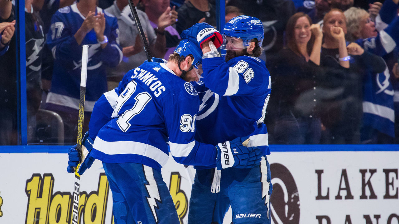 TAMPA, FL - JUNE 21: Steven Stamkos #91 of the Tampa Bay Lightning celebrates a goal with teammate Nikita Kucherov #86 against the New York Islanders during the second period in Game Five of the Stanley Cup Semifinals of the 2021 Stanley Cup Playoffs at Amalie Arena on June 21, 2021 in Tampa, Florida.