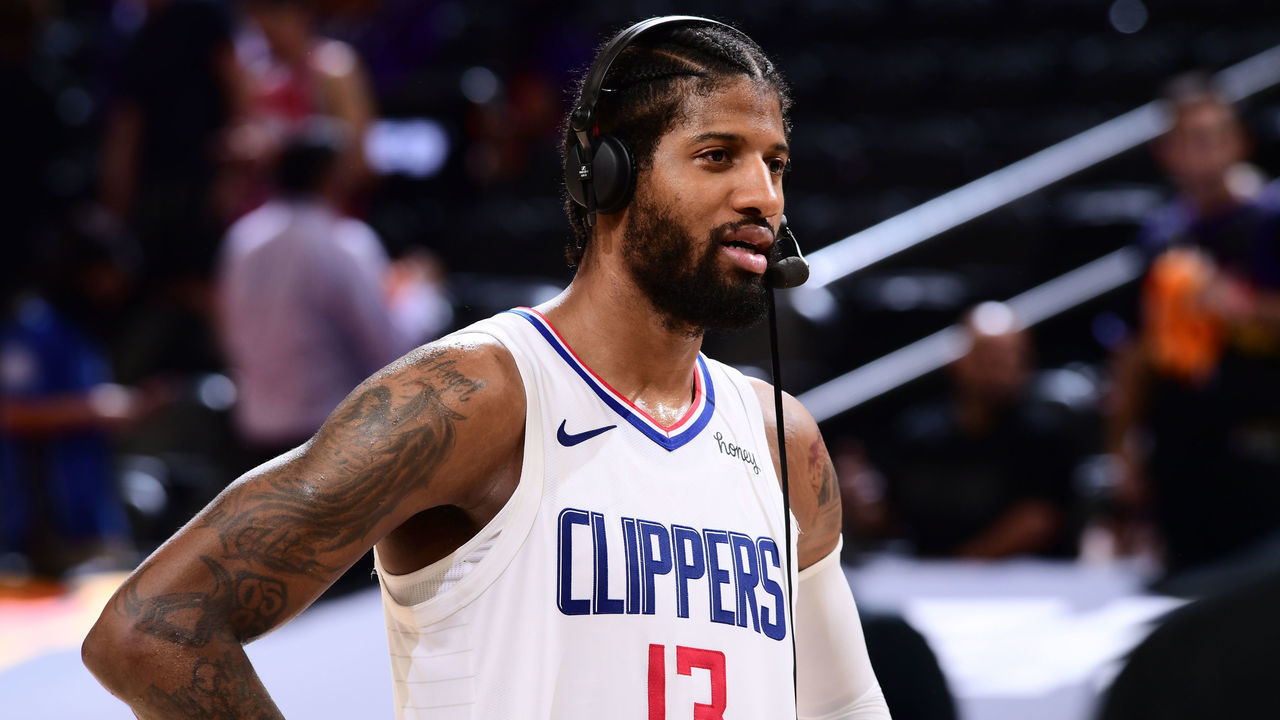 PHOENIX, AZ - JUNE 28: Paul George #13 of the LA Clippers is interviewed after the game against the Phoenix Suns during Game 5 of the Western Conference Finals of the 2021 NBA Playoffs on June 28, 2021 at Phoenix Suns Arena in Phoenix, Arizona. Mandatory Copyright Notice: Copyright 2021 NBAE