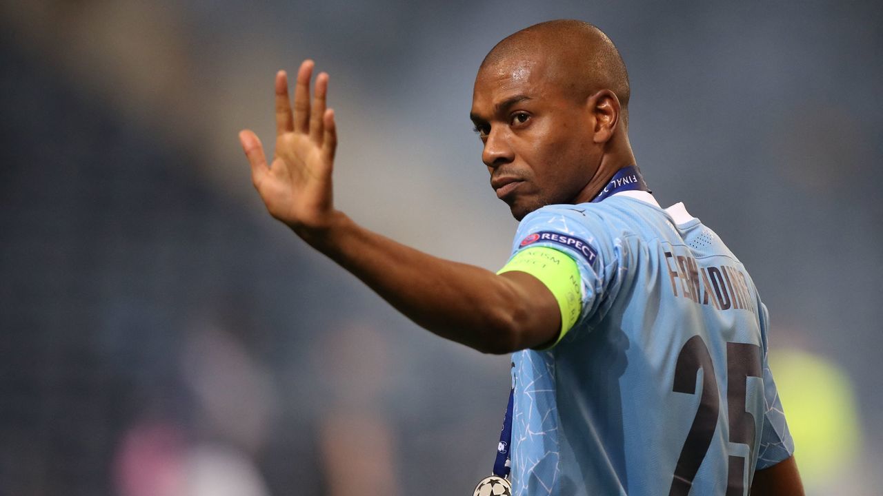 Manchester City's Brazilian midfielder Fernandinho reacts at the end of the UEFA Champions League final football match between Manchester City and Chelsea FC at the Dragao stadium in Porto on May 29, 2021.