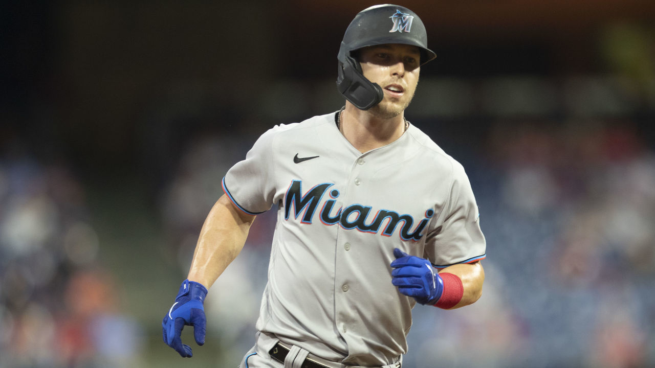 PHILADELPHIA, PA - MAY 20: Corey Dickerson #23 of the Miami Marlins rounds the bases against the Philadelphia Phillies at Citizens Bank Park on May 20, 2021 in Philadelphia, Pennsylvania. The Marlins defeated the Phillies 6-0.