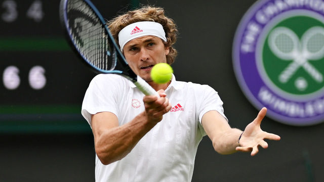 LONDON, ENGLAND - JUNE 29: Alexander Zverev of Germany plays a forehand in his Men's Singles First Round match against Tallon Griekspoor of Netherlands during Day Two of The Championships - Wimbledon 2021 at All England Lawn Tennis and Croquet Club on June 29, 2021 in London, England.