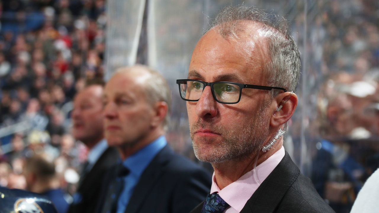 BUFFALO, NY - FEBRUARY 23: Assistant coach Don Granato of the Buffalo Sabres watches the action during an NHL game against the Winnipeg Jets on February 23, 2020 at KeyBank Center in Buffalo, New York.