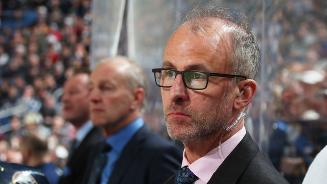 BUFFALO, NY - FEBRUARY 23: Assistant coach Don Granato of the Buffalo Sabres watches the action during an NHL game against the Winnipeg Jets on February 23, 2020 at KeyBank Center in Buffalo, New York.