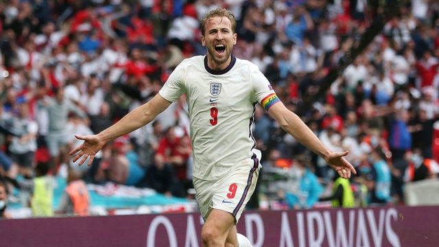 LONDON, ENGLAND - JUNE 29: Harry Kane of England celebrates after scoring their side's second goal during the UEFA Euro 2020 Championship Round of 16 match between England and Germany at Wembley Stadium on June 29, 2021 in London, England.