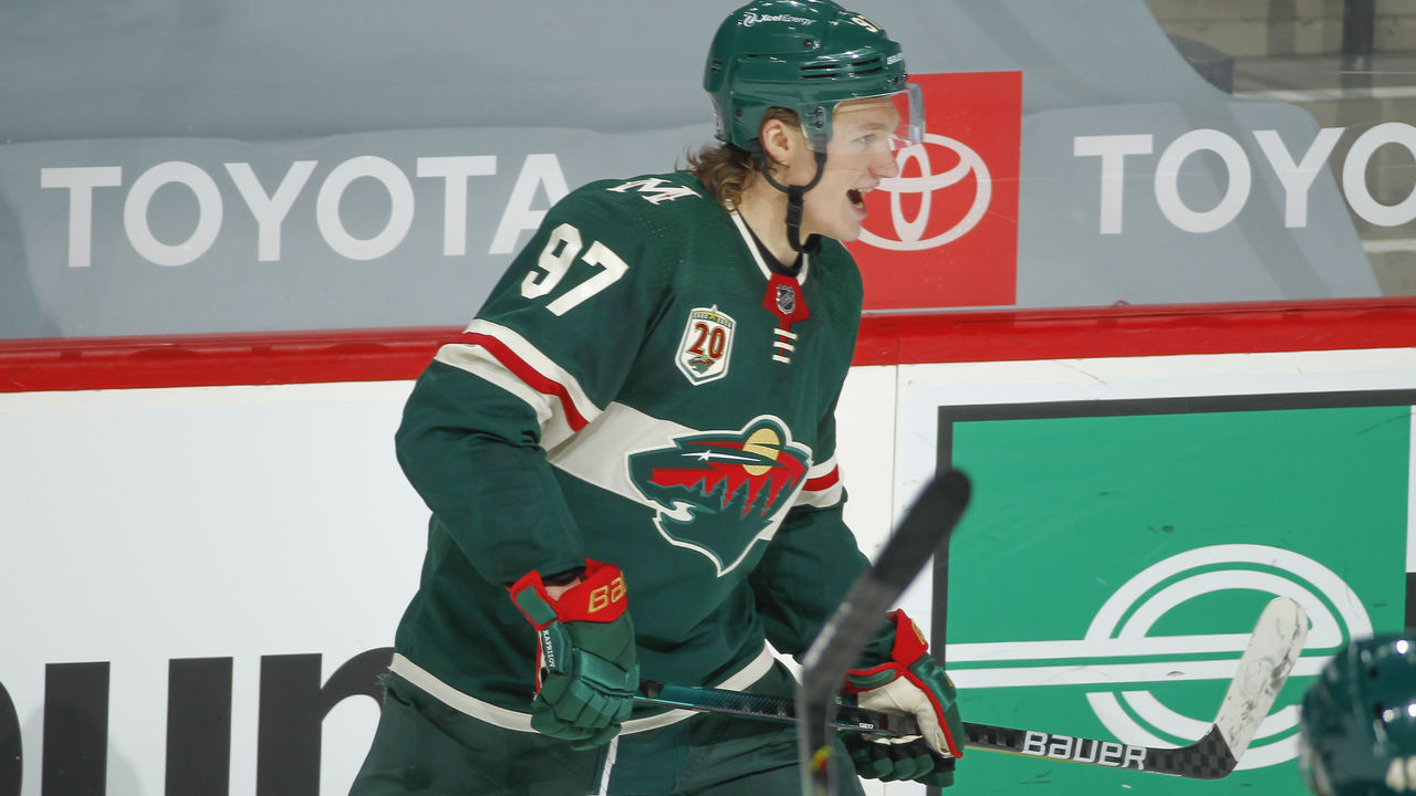 SAINT PAUL, MN - MARCH 14: Kirill Kaprizov #97 of the Minnesota Wild celebrates a goal against the Arizona Coyotes during the game at the Xcel Energy Center on March 14, 2021 in Saint Paul, Minnesota.