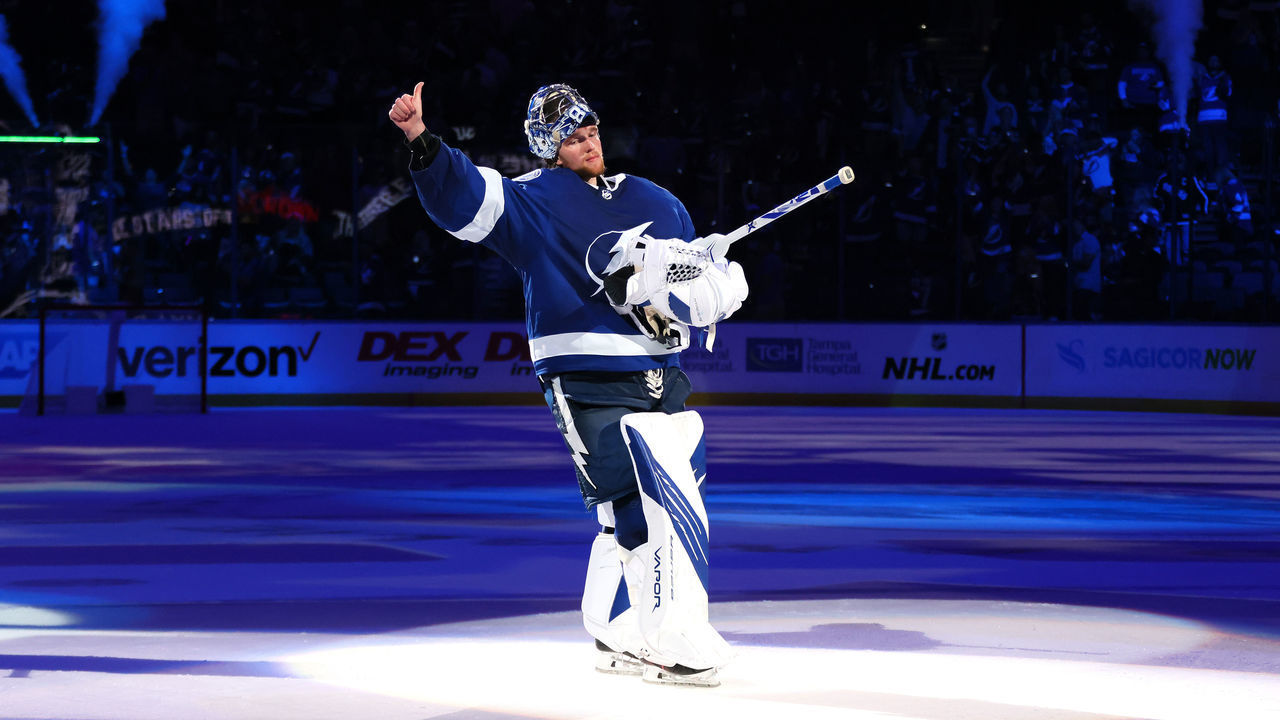 TAMPA, FLORIDA - JUNE 15: Andrei Vasilevskiy #88 of the Tampa Bay Lightning celebrates after defeating the New York Islanders with a score of 2 to 4 in Game Two of the Stanley Cup Semifinals in the 2021 Stanley Cup Playoffs at Amalie Arena on June 15, 2021 in Tampa, Florida.