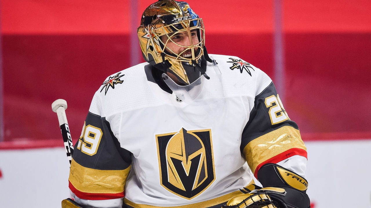 MONTREAL, QC - JUNE 24: Look on Las Vegas Golden Knights goalie Marc-Andre Fleury (29) at warm-up before the NHL Stanley Cup Playoffs Semifinals game 6 between the Las Vegas Golden Knights versus the Montreal Canadiens on June 24, 2021, at Bell Centre in Montreal, QC