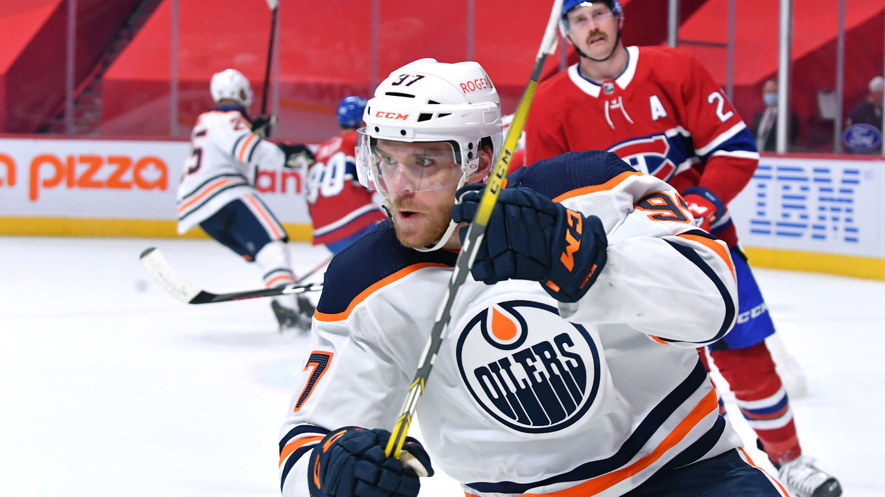 MONTREAL, QC - MAY 10: Connor McDavid #97 of the Edmonton Oilers celebrate after scoring a goal against the Montreal Canadiens Connor McDavid #97 of the Edmonton Oilers in the NHL game at the Bell Centre on May 10, 2021 in Montreal, Quebec, Canada.