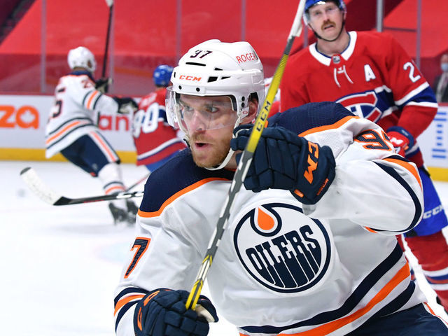 MONTREAL, QC - MAY 10: Connor McDavid #97 of the Edmonton Oilers celebrate after scoring a goal against the Montreal Canadiens Connor McDavid #97 of the Edmonton Oilers in the NHL game at the Bell Centre on May 10, 2021 in Montreal, Quebec, Canada.