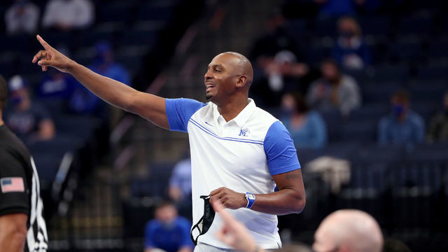 MEMPHIS, TN - DECEMBER 2: Penny Hardaway, head coach of the Memphis Tigers points from the sideline against the Arkansas State Red Wolves during a game on December 2, 2020 at FedExForum in Memphis, Tennessee. Memphis defeated Arkansas State 83-54.