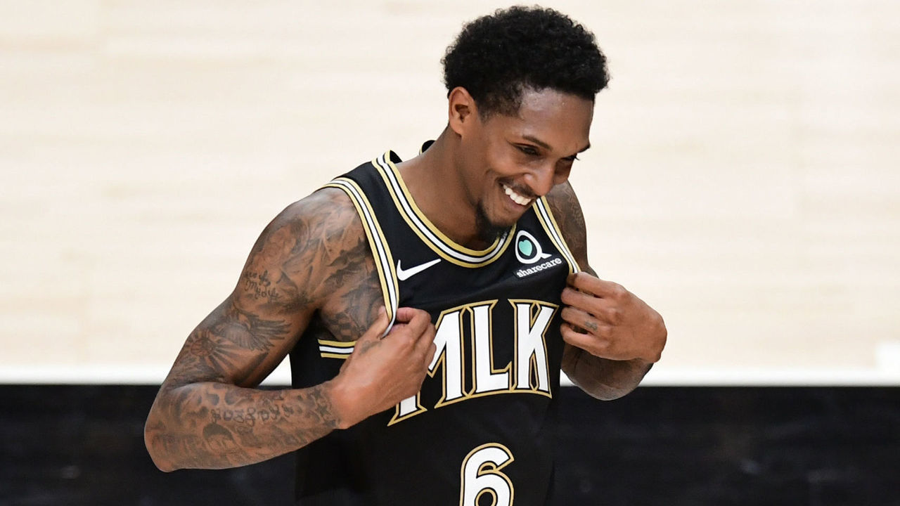 ATLANTA, GA - JuNE 29: Lou Williams #6 of the Atlanta Hawks smiles during Game 4 of the Eastern Conference Finals of the 2021 NBA Playoffs on June 29, 2021 at State Farm Arena in Atlanta, Georgia. NOTE TO USER: User expressly acknowledges and agrees that, by downloading and/or using this Photograph, user is consenting to the terms and conditions of the Getty Images License Agreement. Mandatory Copyright Notice: Copyright 2021 NBAE