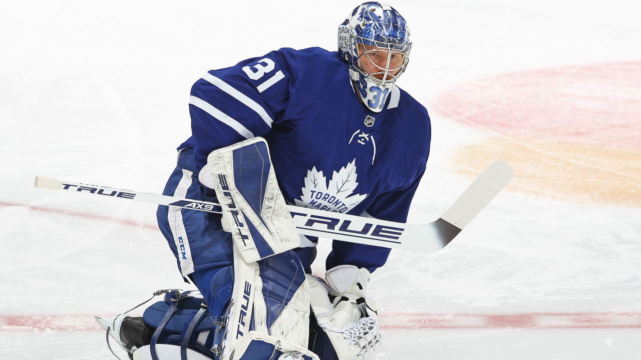 TORONTO, ON - MAY 27: Frederik Andersen #31 of the Toronto Maple Leafs stretches during warmup prior to action against the Montreal Canadiens in Game Five of the First Round of the 2021 Stanley Cup Playoffs at Scotiabank Arena on May 27, 2021 in Toronto, Ontario, Canada. The Canadiens defeated the Maple Leafs 4-3 in overtime.