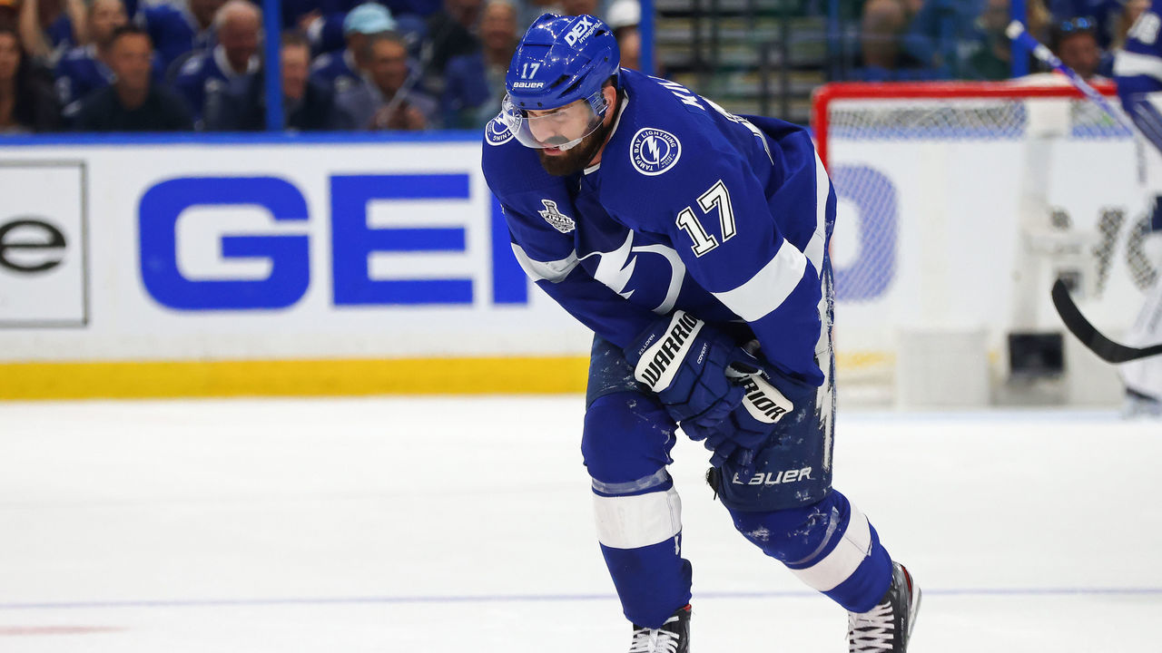TAMPA, FLORIDA - JUNE 28: Alex Killorn #17 of the Tampa Bay Lightning reacts after blocking a shot against the Montreal Canadiens during the second period in Game One of the 2021 NHL Stanley Cup Final at Amalie Arena on June 28, 2021 in Tampa, Florida.