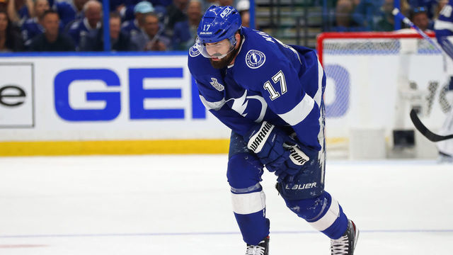 TAMPA, FLORIDA - JUNE 28: Alex Killorn #17 of the Tampa Bay Lightning reacts after blocking a shot against the Montreal Canadiens during the second period in Game One of the 2021 NHL Stanley Cup Final at Amalie Arena on June 28, 2021 in Tampa, Florida.
