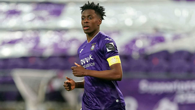 BRUSSELS, BELGIUM - MAY 15: Albert Sambi Lokonga of RSC Anderlecht in action during the Jupiler Pro League Championship Play-Offs match between RSC Anderlecht and KRC Genk at Lotto Park on May 15, 2021 in Anderlecht, Brussels, Belgium.