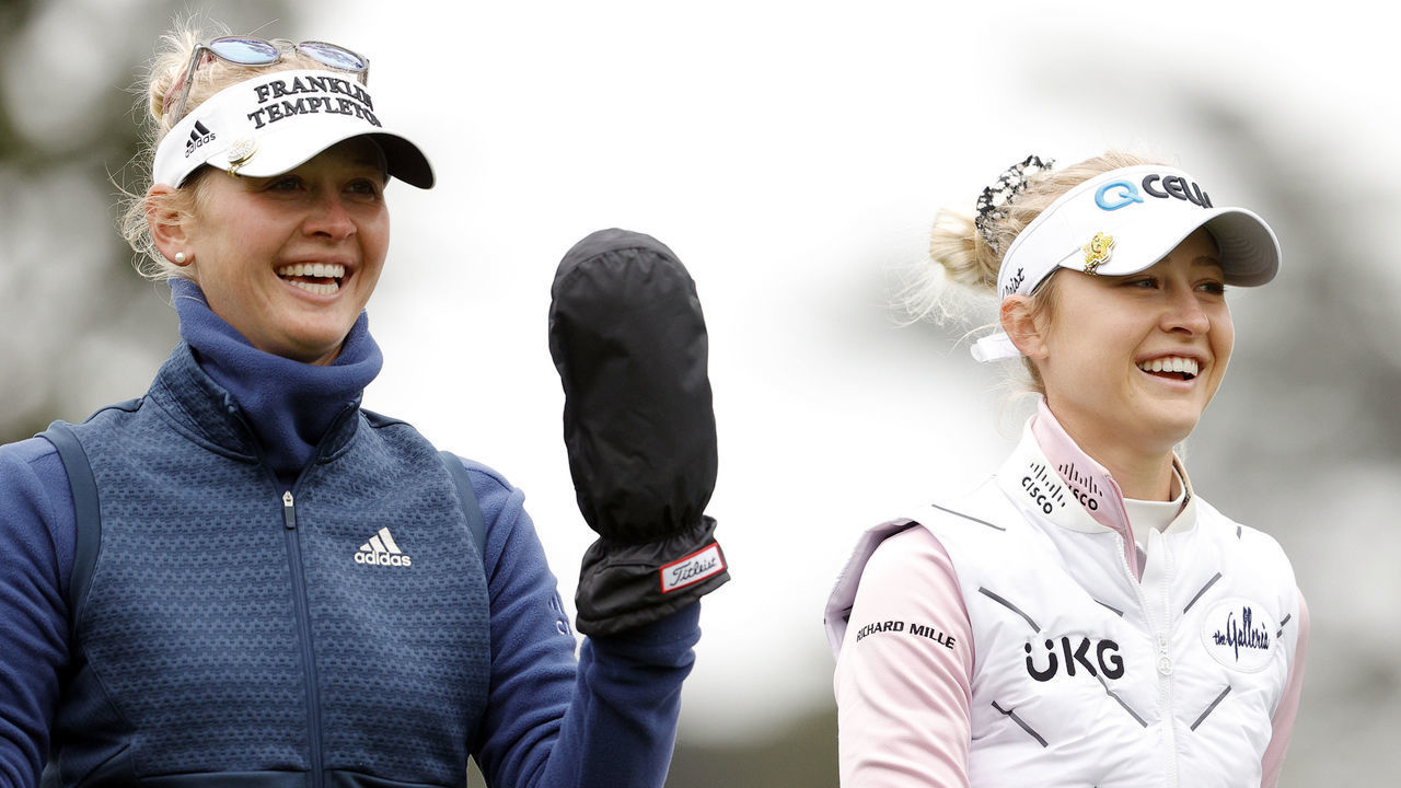 SAN FRANCISCO, CALIFORNIA - JUNE 03: (L-R) Jessica Korda and Nelly Korda walk together on the 12th hole during the first round of the 76th U.S. Women's Open Championship at The Olympic Club on June 03, 2021 in San Francisco, California.