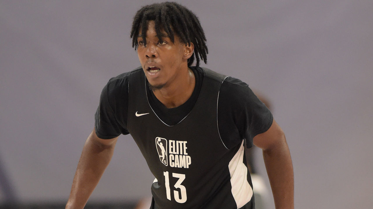 CHICAGO, IL - JUNE 21: G League Prospect, Marcus Carr plays defense during the 2021 NBA G League Elite Camp on June 21, 2021 at the Wintrust Arena in Chicago, Illinois. Mandatory Copyright Notice: Copyright 2021 NBAE