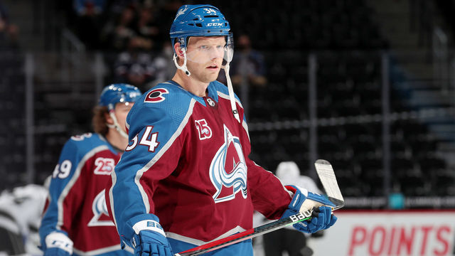 DENVER, COLORADO - MAY 13: Carl Soderberg #34 of the Colorado Avalanche skates prior to the game against the Los Angeles Kings at Ball Arena on May 13, 2021 in Denver, Colorado.
