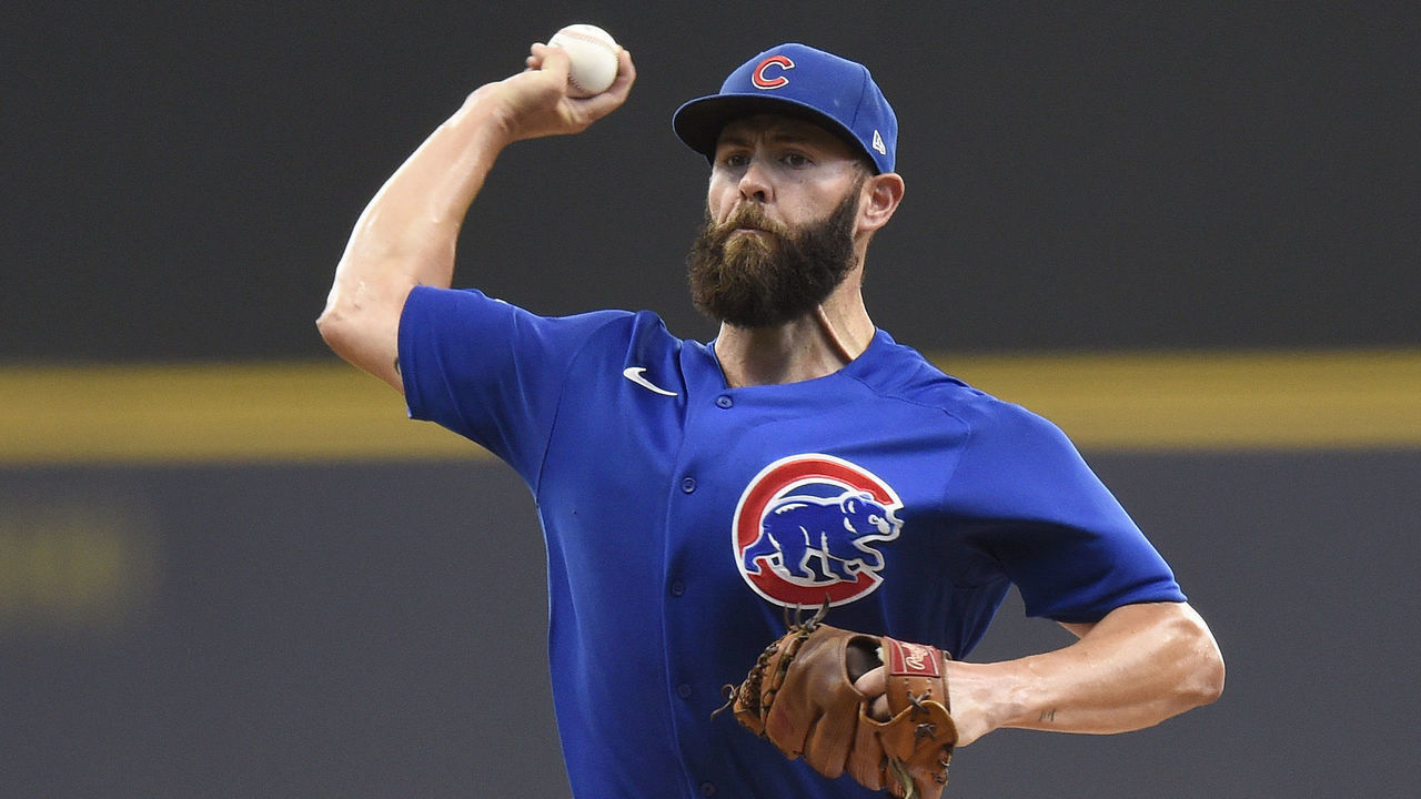 MILWAUKEE, WISCONSIN - JUNE 30: Jake Arrieta #49 of the Chicago Cubs pitches against the Milwaukee Brewers in the first inning at American Family Field on June 30, 2021 in Milwaukee, Wisconsin.