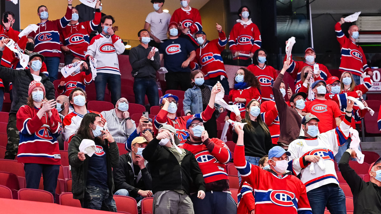 MONTREAL, QC - MAY 29: Crowd celebrates a Montreal Canadiens goal during the NHL Stanley Cup Playoffs first round game 6 between the Toronto Maple Leafs versus the Montreal Canadiens on May 29, 2021, at Bell Centre in Montreal, QC