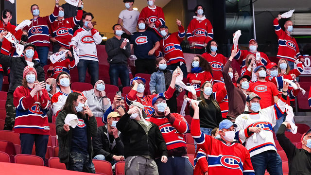 MONTREAL, QC - MAY 29: Crowd celebrates a Montreal Canadiens goal during the NHL Stanley Cup Playoffs first round game 6 between the Toronto Maple Leafs versus the Montreal Canadiens on May 29, 2021, at Bell Centre in Montreal, QC