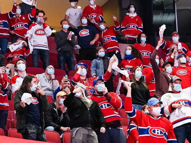 MONTREAL, QC - MAY 29: Crowd celebrates a Montreal Canadiens goal during the NHL Stanley Cup Playoffs first round game 6 between the Toronto Maple Leafs versus the Montreal Canadiens on May 29, 2021, at Bell Centre in Montreal, QC